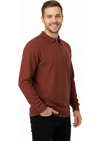 Erkek Kışlık Kazak Pamuklu Dokuma Yarım Fermuarlı Polo Yaka Uzun Kollu Düz Renk Rahat Kesim fırsatları