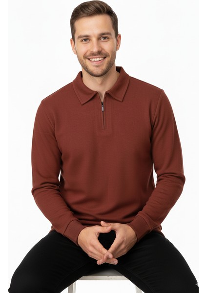 Erkek Kışlık Kazak Pamuklu Dokuma Yarım Fermuarlı Polo Yaka Uzun Kollu Düz Renk Rahat Kesim indirimleri