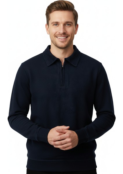 Erkek Kışlık Kazak Pamuklu Dokuma Yarım Fermuarlı Polo Yaka Uzun Kollu Düz Renk Rahat Kesim