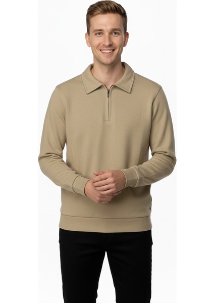 Erkek Kışlık Kazak Pamuklu Dokuma Yarım Fermuarlı Polo Yaka Uzun Kollu Düz Renk Rahat Kesim