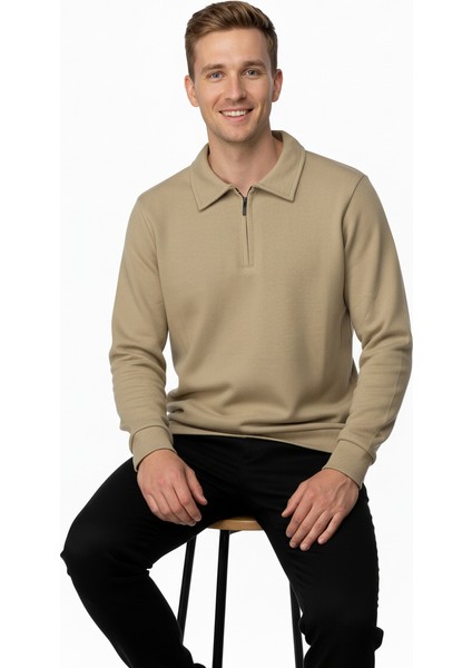 Erkek Kışlık Kazak Pamuklu Dokuma Yarım Fermuarlı Polo Yaka Uzun Kollu Düz Renk Rahat Kesim fiyatları