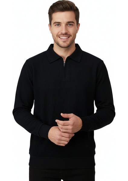 Erkek Kışlık Kazak Pamuklu Dokuma Yarım Fermuarlı Polo Yaka Uzun Kollu Düz Renk Rahat Kesim