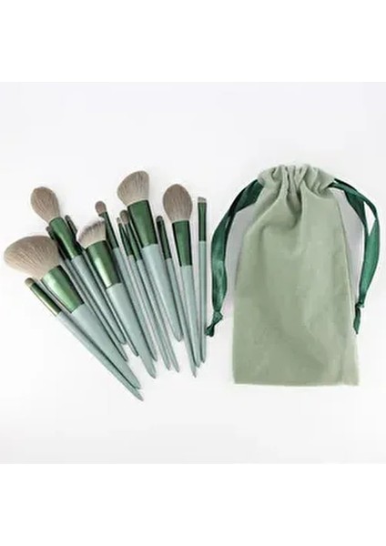 13'lü Makyaj Fırça Seti Özel Keseli Yeşil Renk Profesyonel Kullanım İçin