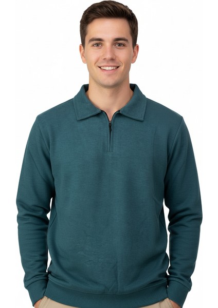 Erkek Kışlık Kazak Pamuklu Dokuma Yarım Fermuarlı Polo Yaka Uzun Kollu Düz Renk Rahat Kesim