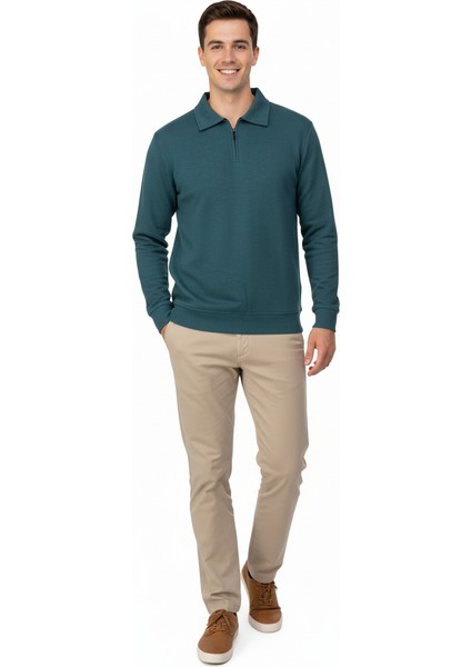 Erkek Kışlık Kazak Pamuklu Dokuma Yarım Fermuarlı Polo Yaka Uzun Kollu Düz Renk Rahat Kesim fırsatları