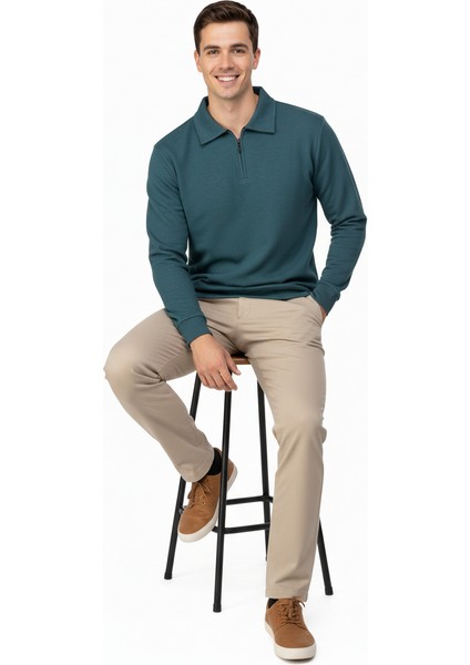 Erkek Kışlık Kazak Pamuklu Dokuma Yarım Fermuarlı Polo Yaka Uzun Kollu Düz Renk Rahat Kesim indirimleri