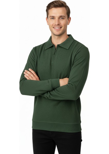 Erkek Kışlık Kazak Pamuklu Dokuma Yarım Fermuarlı Polo Yaka Uzun Kollu Düz Renk Rahat Kesim