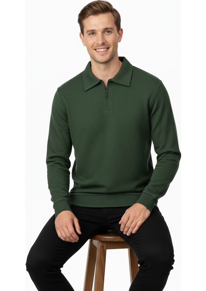 Erkek Kışlık Kazak Pamuklu Dokuma Yarım Fermuarlı Polo Yaka Uzun Kollu Düz Renk Rahat Kesim fırsatları