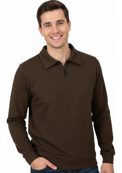 Erkek Kışlık Kazak Pamuklu Dokuma Yarım Fermuarlı Polo Yaka Uzun Kollu Düz Renk Rahat Kesim Tam Kalıp