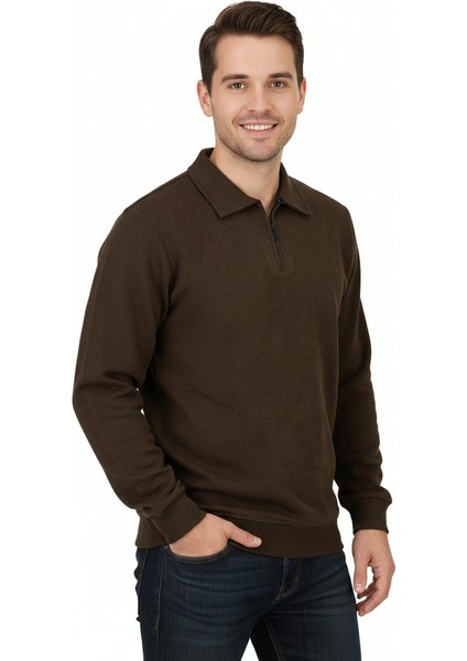 Erkek Kışlık Kazak Pamuklu Dokuma Yarım Fermuarlı Polo Yaka Uzun Kollu Düz Renk Rahat Kesim Tam Kalıp indirimleri