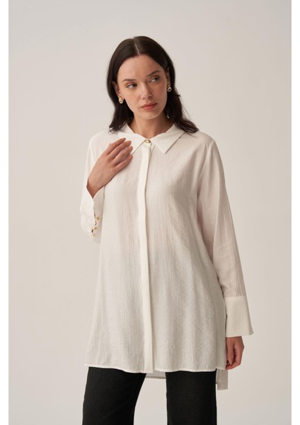 Beyaz-Kırışık Efektli Şık Poplin Gömlek