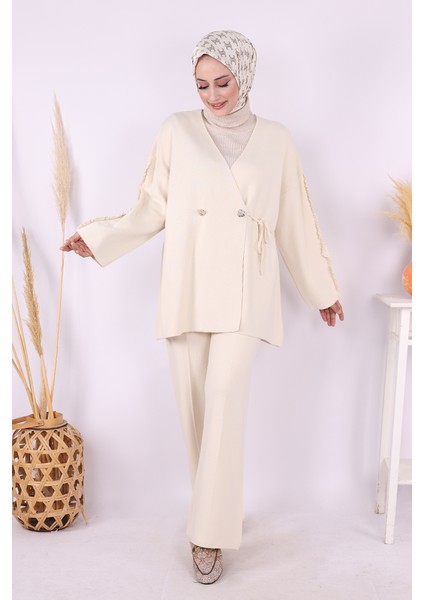 Kolları Fırfırlı Hırka ve Pantolon Takım 17026 Taş