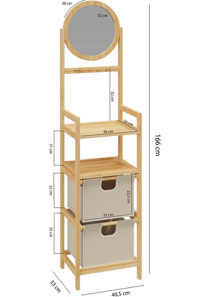 Bambu Aynalı 2 Çekmeceli Banyo Düzenleyici 2 Raflı Şifonyer Makyaj Organizeri DB-0035