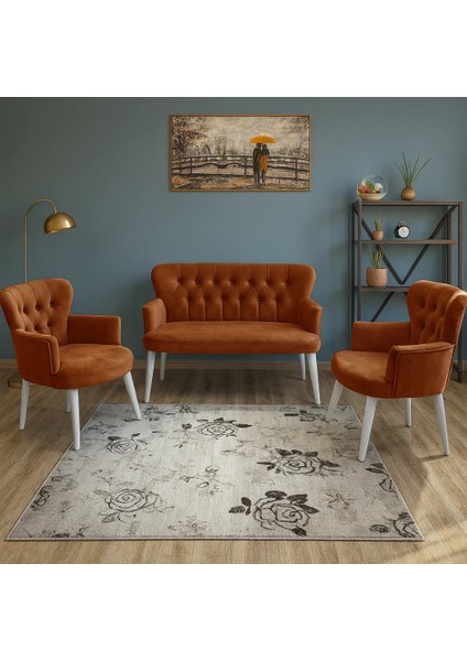 - Roma Çay Seti Koltuk Takımı - Babyface Kumaş - Ahşap Beyaz Ayak - Bakır