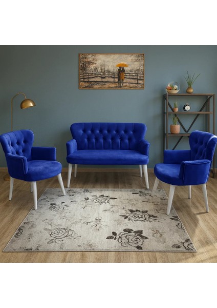 - Roma Çay Seti Koltuk Takımı - Babyface Kumaş - Ahşap Beyaz Ayak - Mavi