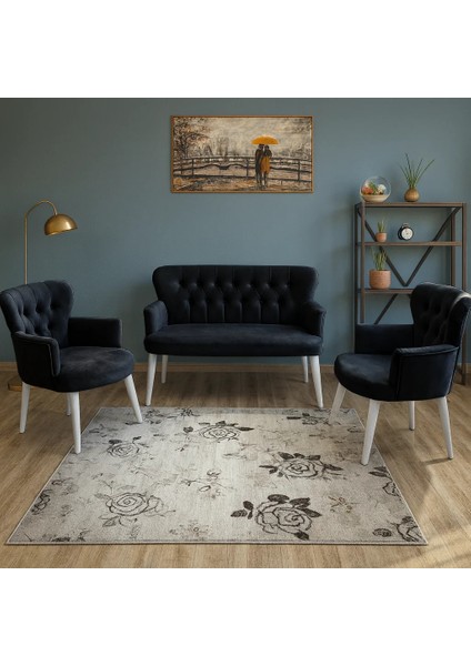 - Roma Çay Seti Koltuk Takımı - Babyface Kumaş - Ahşap Beyaz Ayak - Siyah