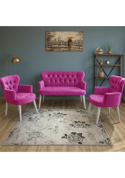 - Roma Çay Seti Koltuk Takımı - Babyface Kumaş - Ahşap Beyaz Ayak - Fuşya