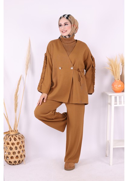 Kolları Fırfırlı Hırka ve Pantolon Takım 17026 Taba