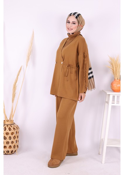 Kolları Fırfırlı Hırka ve Pantolon Takım 17026 Taba fiyatları