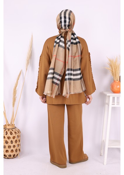 Kolları Fırfırlı Hırka ve Pantolon Takım 17026 Taba modelleri