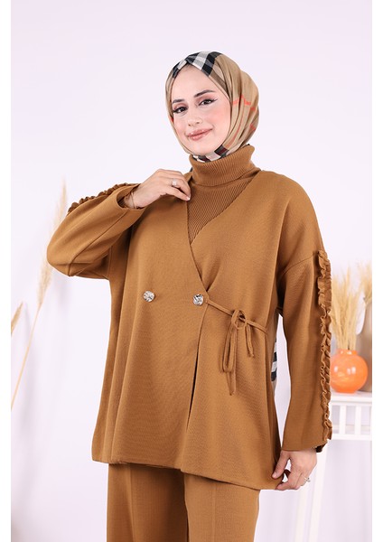 Kolları Fırfırlı Hırka ve Pantolon Takım 17026 Taba fırsatları