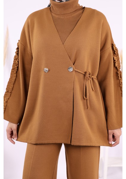 Kolları Fırfırlı Hırka ve Pantolon Takım 17026 Taba indirimleri