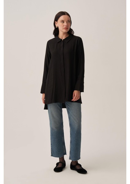 Siyah-Kırışık Efektli Şık Poplin Gömlek