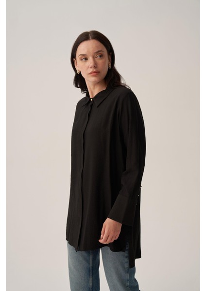 Siyah-Kırışık Efektli Şık Poplin Gömlek fiyatları