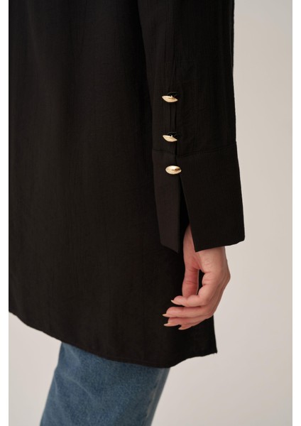 Siyah-Kırışık Efektli Şık Poplin Gömlek indirimleri