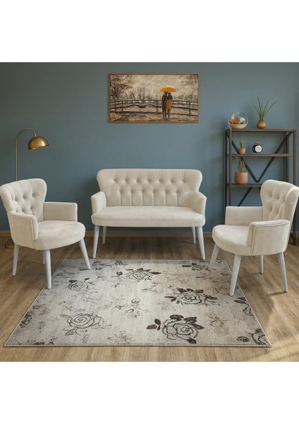 - Roma Çay Seti Koltuk Takımı - Babyface Kumaş - Ahşap Beyaz Ayak - Krem