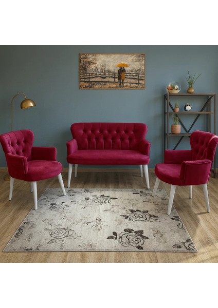 - Roma Çay Seti Koltuk Takımı - Babyface Kumaş - Ahşap Beyaz Ayak - Bordo