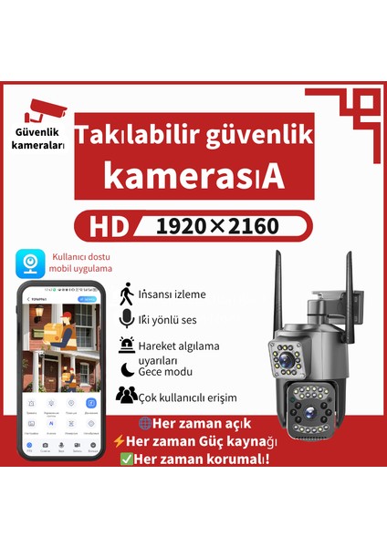 Wifi Iç ve Dış Mekan Güvenlik Kamerası, 6mp, 360 Derece Görüş Açısı, IP66 Suya ve Toza Dayanıklı Koruma