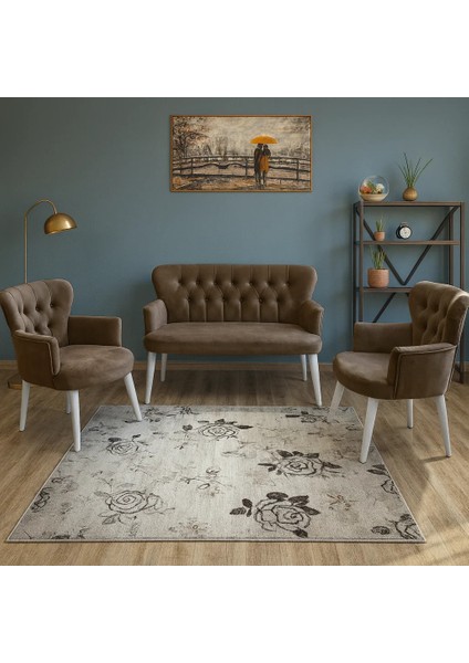 - Roma Çay Seti Koltuk Takımı - Babyface Kumaş - Ahşap Beyaz Ayak - Kahverengi