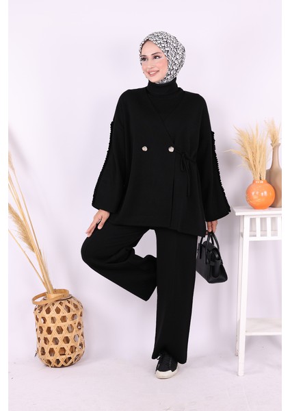 Kolları Fırfırlı Hırka ve Pantolon Takım 17026 Siyah