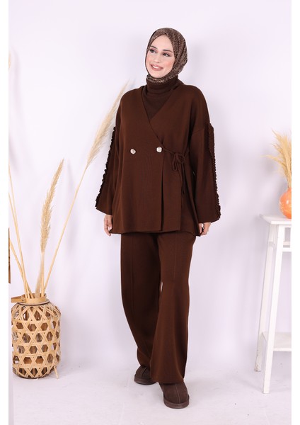 Kolları Fırfırlı Hırka ve Pantolon Takım 17026 Kahverengi