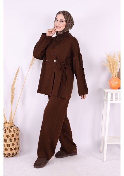 Kolları Fırfırlı Hırka ve Pantolon Takım 17026 Kahverengi fiyatları