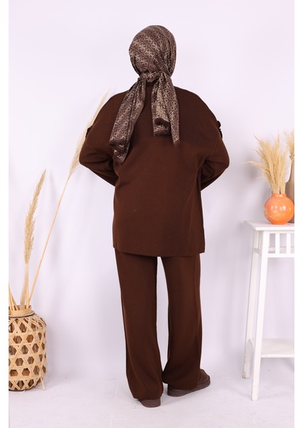Kolları Fırfırlı Hırka ve Pantolon Takım 17026 Kahverengi modelleri