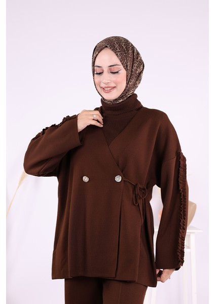 Kolları Fırfırlı Hırka ve Pantolon Takım 17026 Kahverengi fırsatları