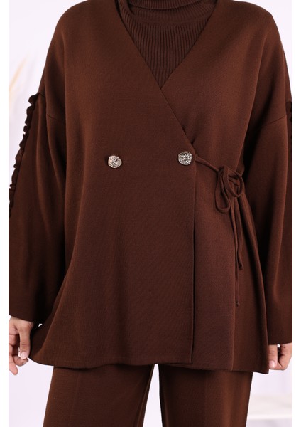 Kolları Fırfırlı Hırka ve Pantolon Takım 17026 Kahverengi indirimleri