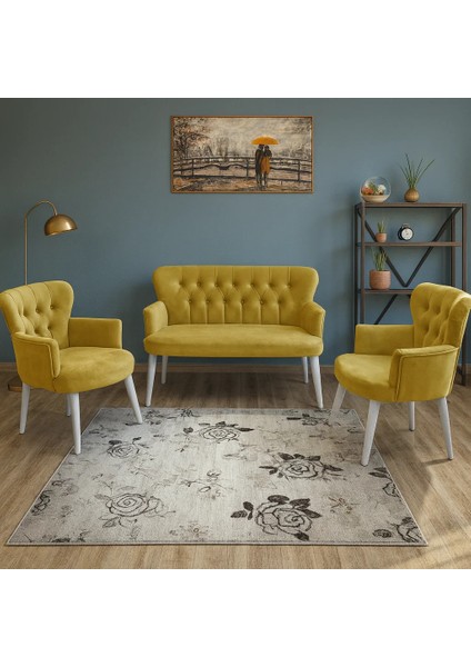 - Roma Çay Seti Koltuk Takımı - Babyface Kumaş - Ahşap Beyaz Ayak - Sarı