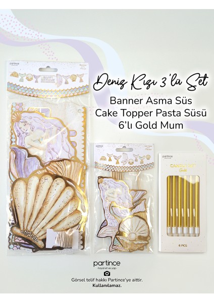 3 Parça Set Deniz Kızı Banner Asma Süs Deniz Kızı Pasta Süsü Cake Topper 6 Adet Gold Mum