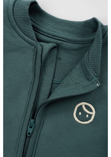 Organik Pamuklu İçi Tüylü Yeşil Fermuarlı Bebek Tulumu