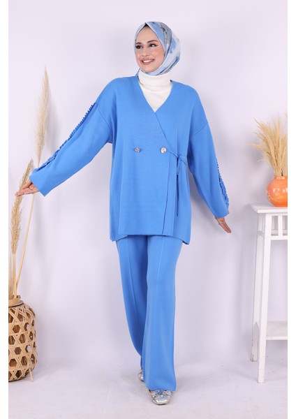 Kolları Fırfırlı Hırka ve Pantolon Takım 17026 Indigo