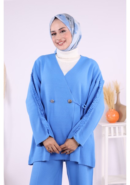 Kolları Fırfırlı Hırka ve Pantolon Takım 17026 Indigo fırsatları