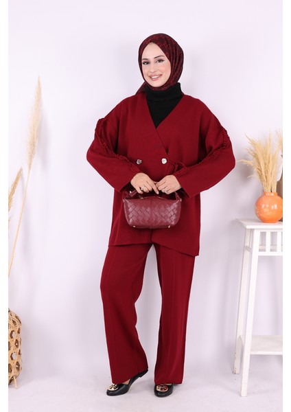 Kolları Fırfırlı Hırka ve Pantolon Takım 17026 Bordo