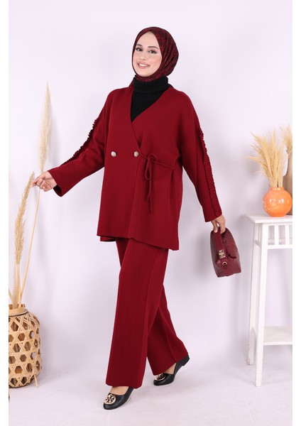 Kolları Fırfırlı Hırka ve Pantolon Takım 17026 Bordo fiyatları