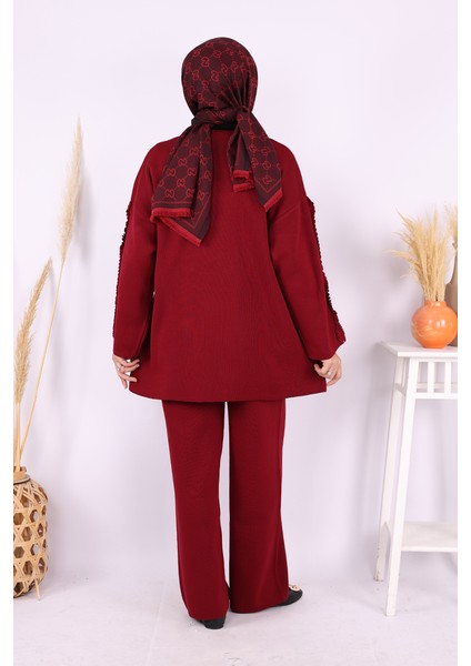 Kolları Fırfırlı Hırka ve Pantolon Takım 17026 Bordo modelleri