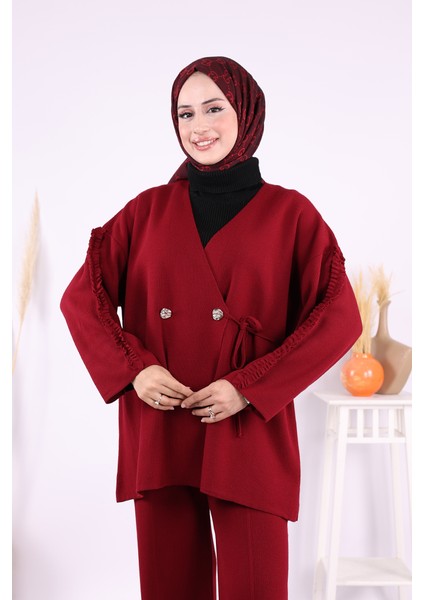 Kolları Fırfırlı Hırka ve Pantolon Takım 17026 Bordo fırsatları