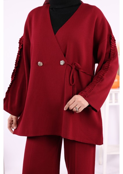 Kolları Fırfırlı Hırka ve Pantolon Takım 17026 Bordo indirimleri