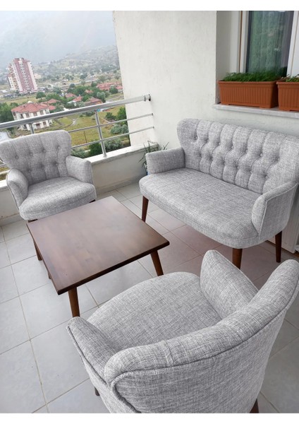 - Roma Çay Seti Koltuk Takımı - Keten Kumaş - Ahşap Ayak - Krem